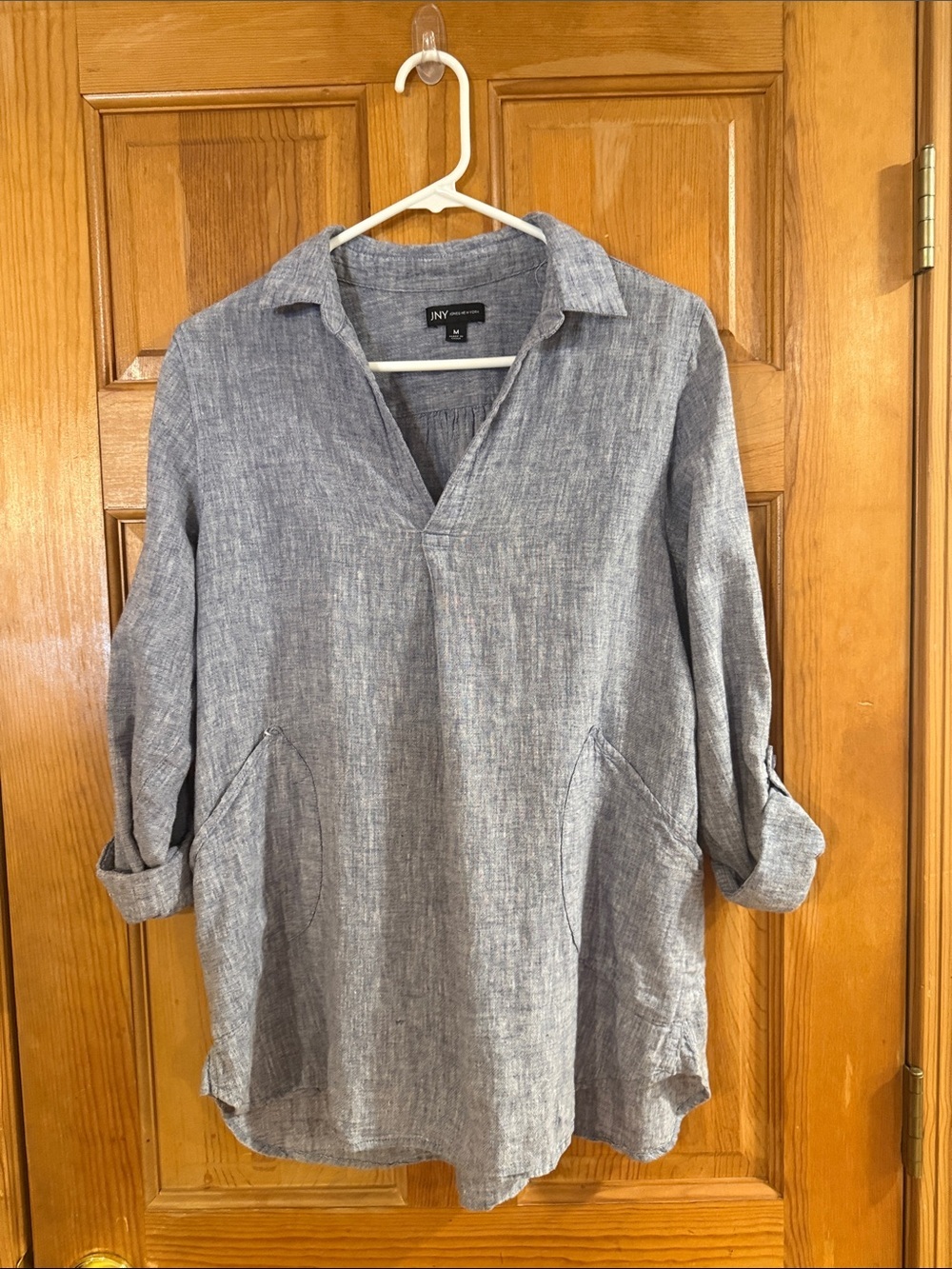 Jones New York chambray linen blend v-neckline functional side pockets size M
